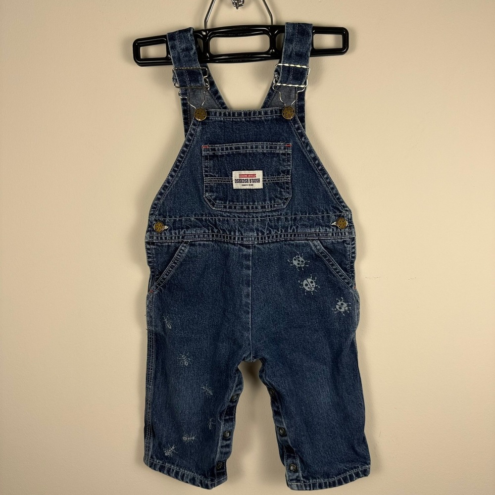 Vintage OshKosh Bgosh Vestbak Denim Overalls Blue Ladybug Ant Made in Canada 18M